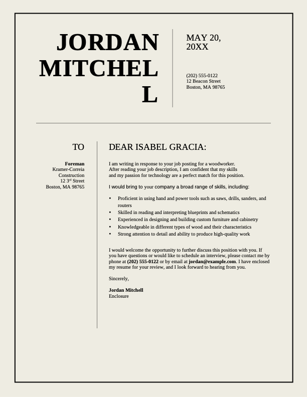 Construction work cover letter